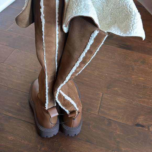 Zara Over The Knee Leather Suede Boots New Sz 7.5 Brown Shearling - Picture 5 of 8